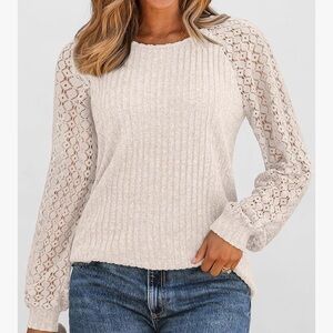 Chic Nation Cream Sweater with Lace Sleeves
